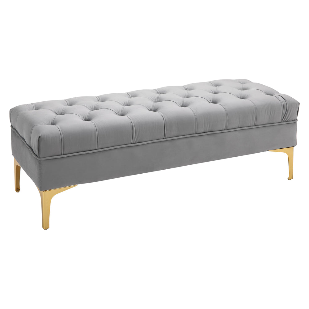Upholstered bedside bench with button tufting, gray