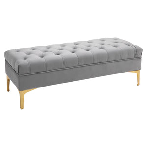 Upholstered bedside bench with button tufting, gray
