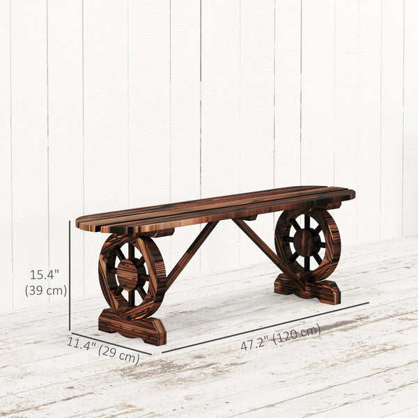 Wooden garden bench with wagon wheel legs, charred