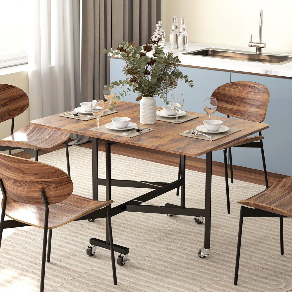 Folding drop-leaf dining table on casters for 6 people – Rustic brown and black