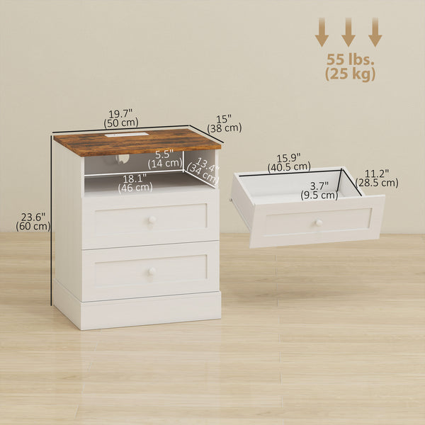 Nightstand with charging station and 2 drawers, set of 2, white and oak