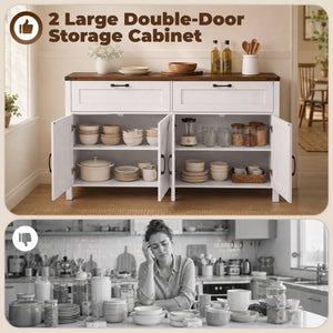 55" Storage Buffet with 2 Drawers, 2 Cabinets, and Adjustable Shelves, White