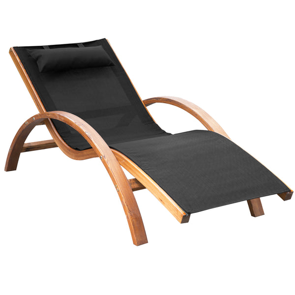 Wooden outdoor lounge chair, reclining with headrest, teak and black