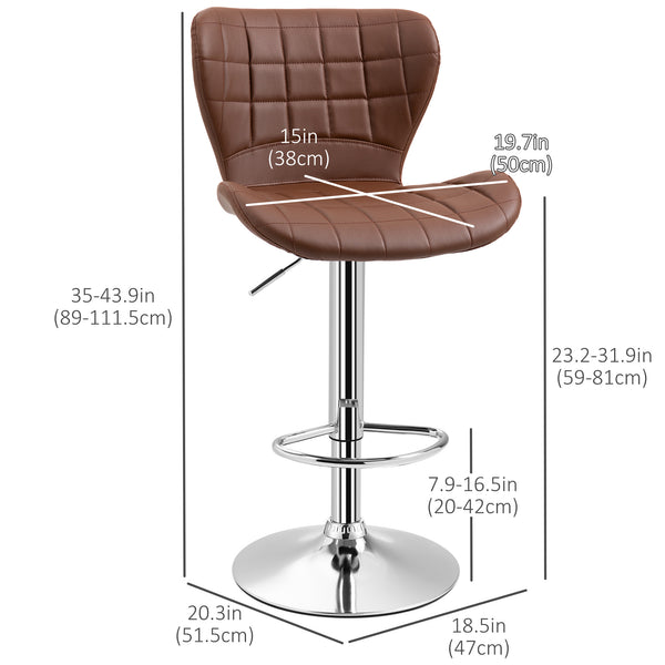 Set of 2 Adjustable Height Swivel Bar Stools with Footrest, Brown