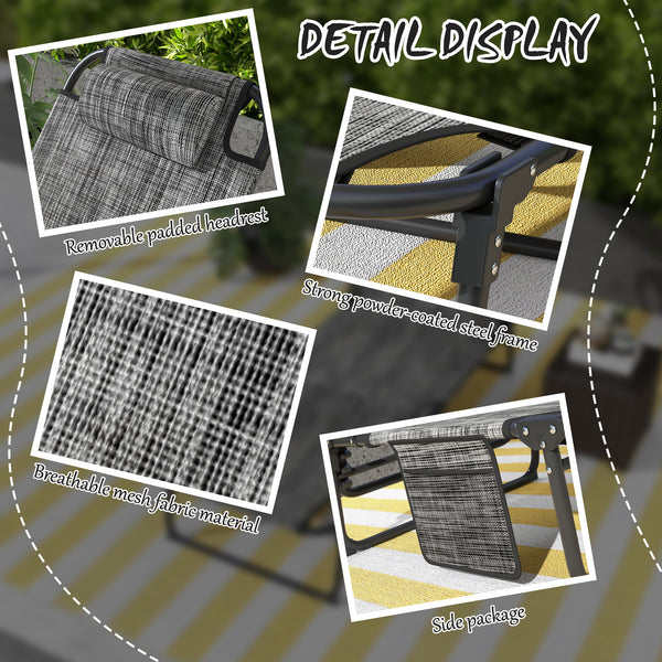 Set of 2 Folding Sun Loungers, Adjustable Backrest, Sun Lounger with Cushion, Side Pocket, Headrest, Grey