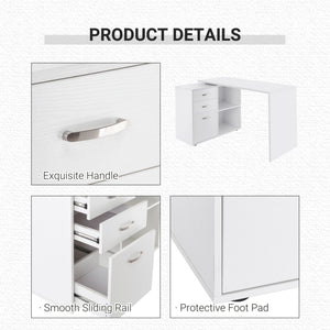 L-shaped corner desk with storage shelf, drawer, white