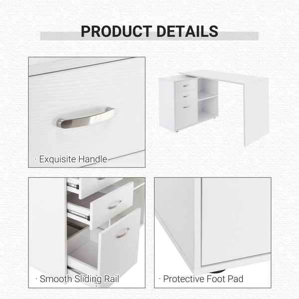 L-shaped corner desk with storage shelf, drawer, white