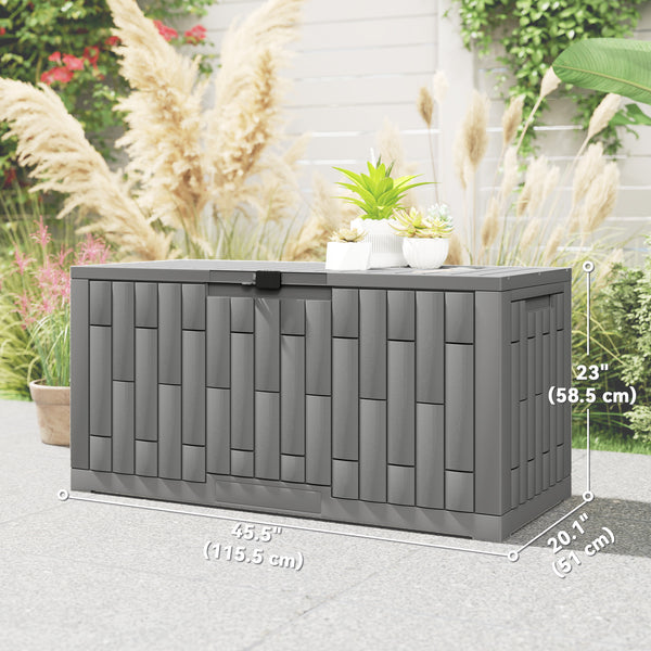 80-gallon outdoor resin storage box, lockable, splash-proof and UV-resistant.