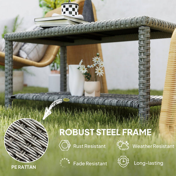 Outdoor Wicker Coffee Table with Glass Top, Dark Grey