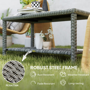 Outdoor coffee table in woven resin with glass top and storage shelf, grey