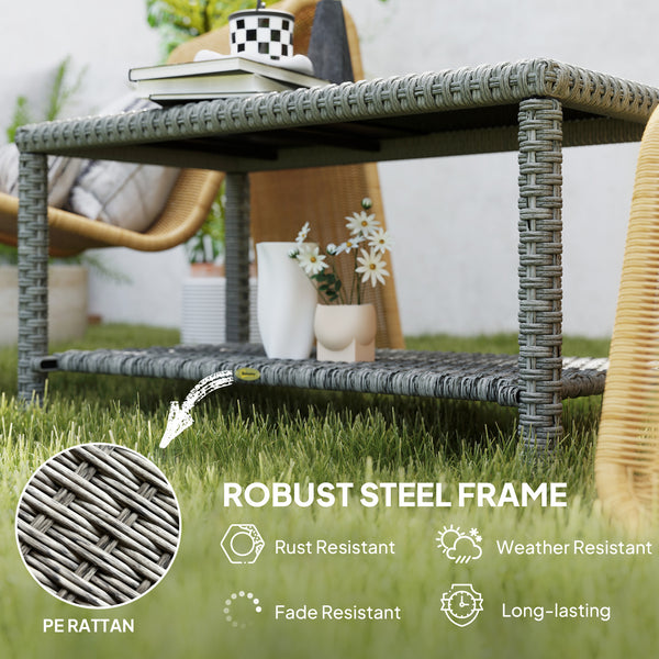 Outdoor coffee table in woven resin with glass top and storage shelf, grey