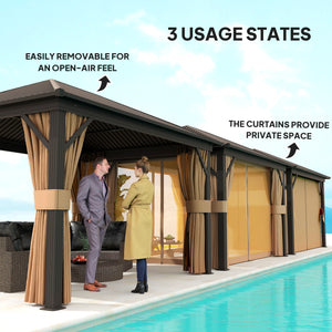 10' x 12' Gazebo with Hardtop Metal Roof and Aluminum Frame, Mesh Netting, Brown