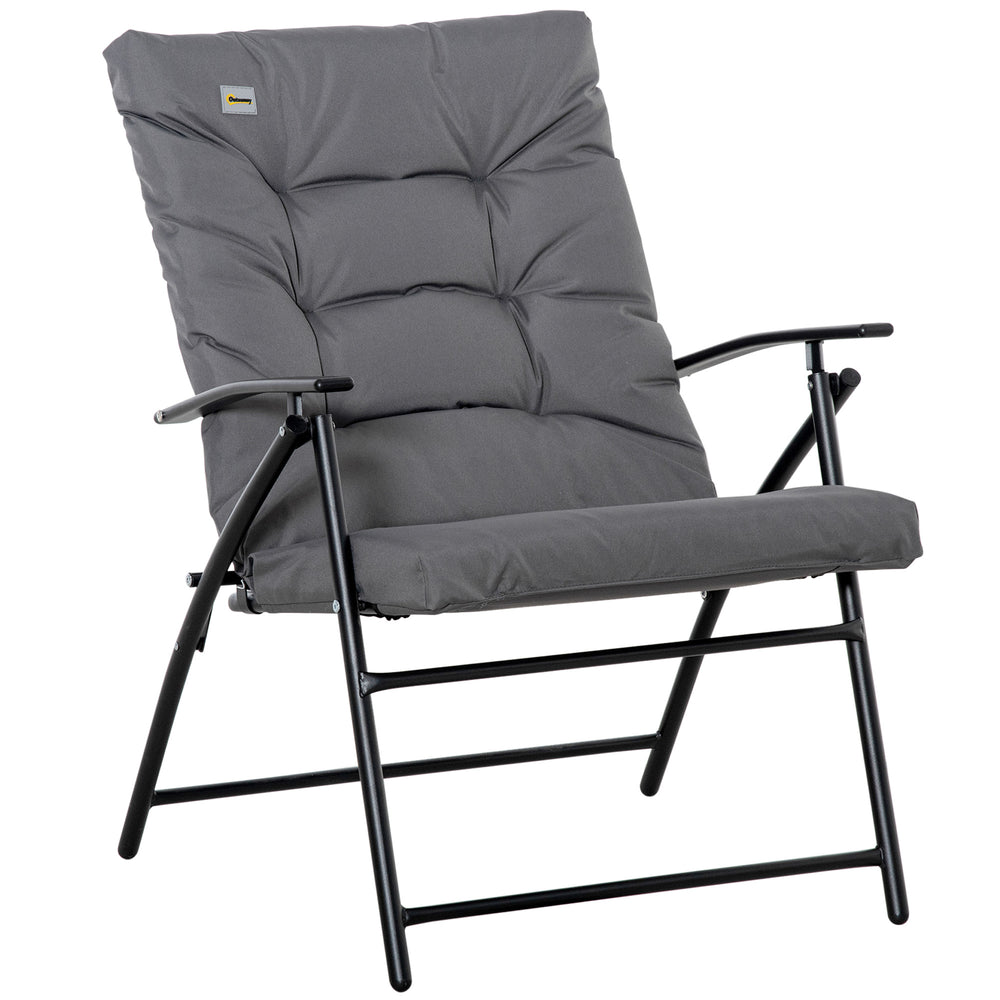 Chaise d’extérieur pliable inclinable en tissu gris avec accoudoirs et cadre en métal robuste