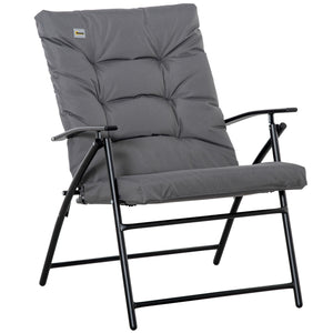 Reclining folding fabric chair with armrests, metal frame, gray