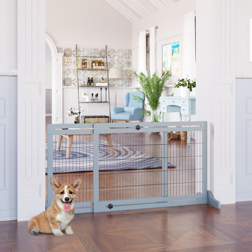 Freestanding Wooden Pet Gate, Grey-Blue