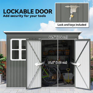 Galvanized steel garden shed with window, wide lockable doors and ventilation, grey