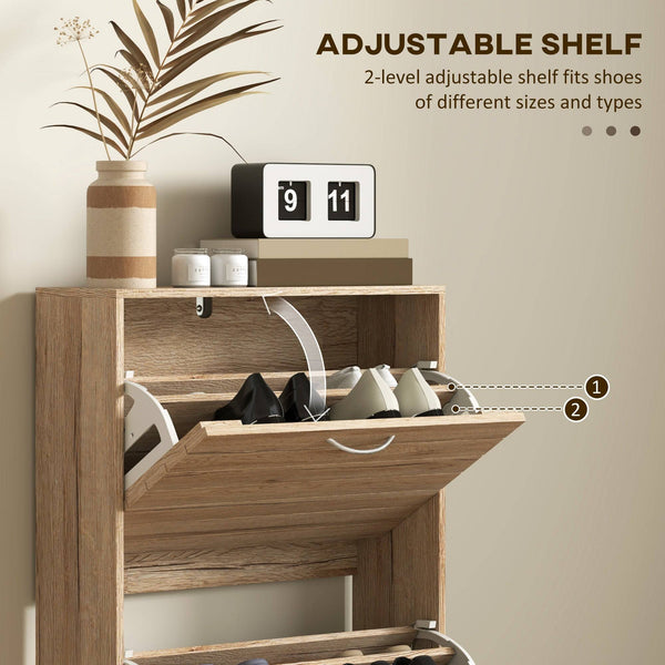 Shoe cabinet with 3 folding drawers for 12 pairs of shoes, oak