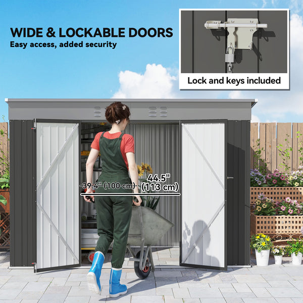Galvanized steel garden shed with lockable doors