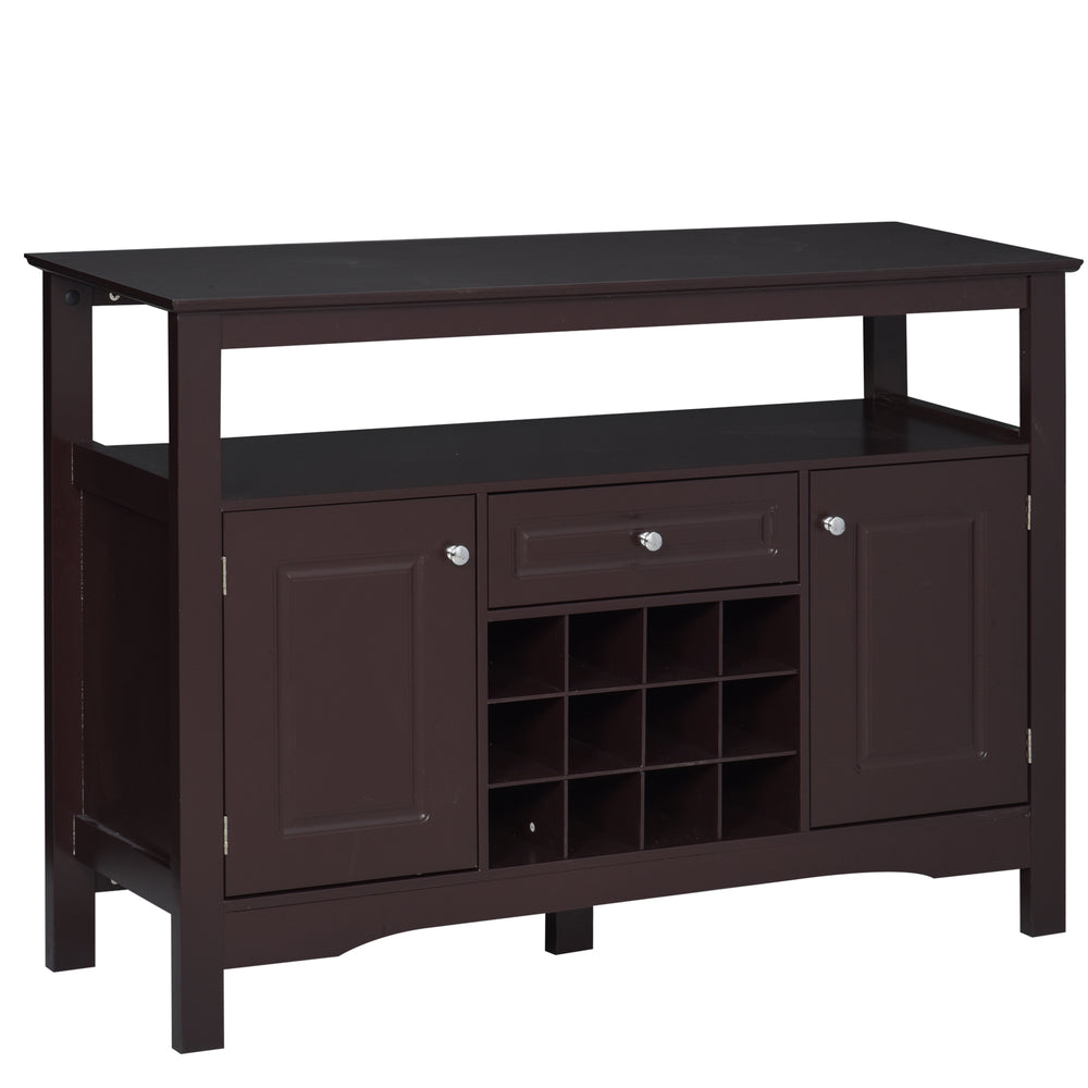 Modern kitchen buffet with drawer and 12-bottle wine rack, espresso color.
