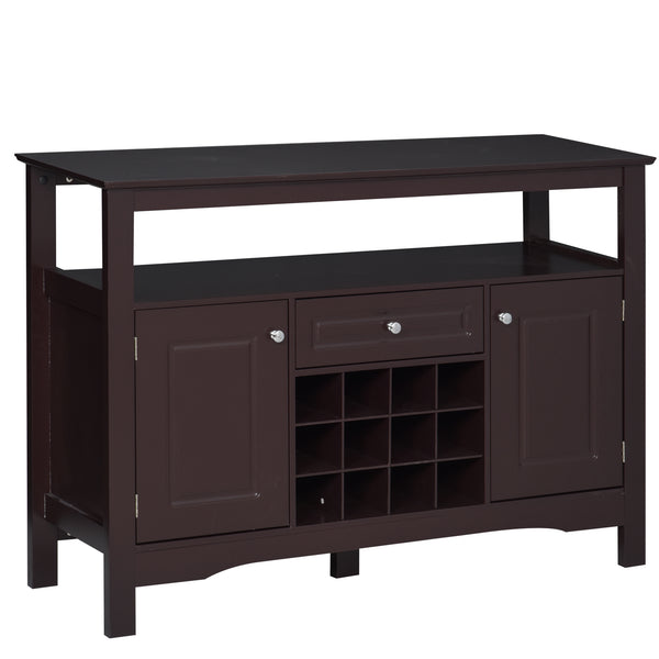 Modern kitchen buffet with drawer and 12-bottle wine rack, espresso color.