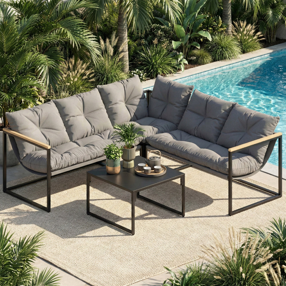 4-piece patio furniture set with thick cushions and coffee table, grey