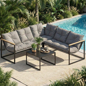 4-piece patio furniture set with thick cushions and coffee table, grey