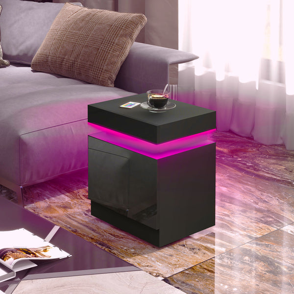 Bedside table with LED lighting and 2 drawers, black