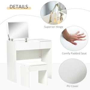 Modern dressing table with folding mirror and padded stool, white