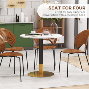 Round dining table with imitation marble top, steel base, white