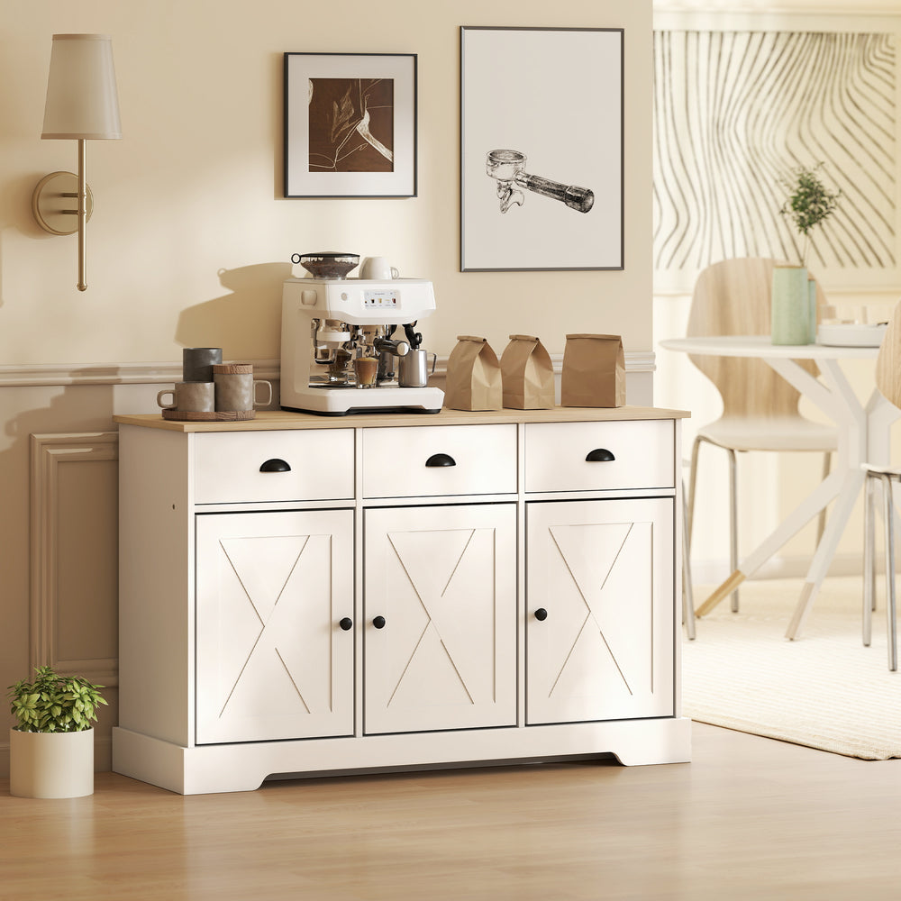 Country-style buffet, with 3 sliding doors and 3 drawers, white, ideal for the living room and kitchen.