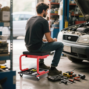 Rolling workshop stool with tool storage and drawer, black.
