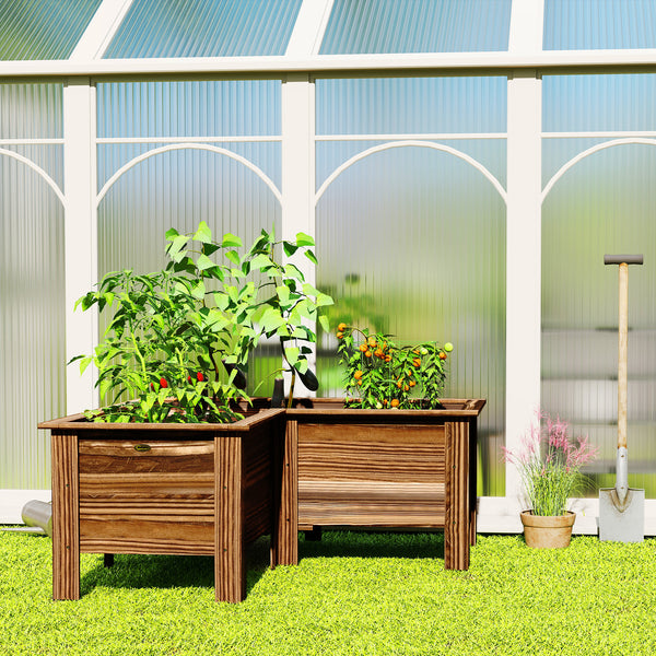 L-shaped raised wooden planter