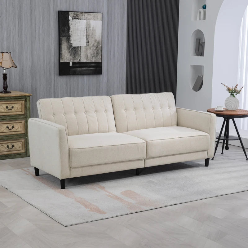 Convertible sofa bed in tufted fabric with adjustable backrest, beige