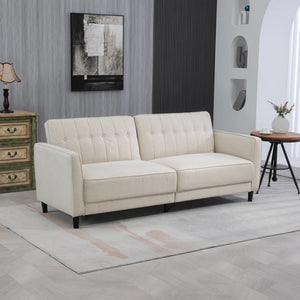Convertible sofa bed in tufted fabric with adjustable backrest, beige