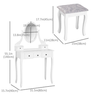 Wooden dressing table with 360° rotating mirror, 5 drawers and padded stool, white