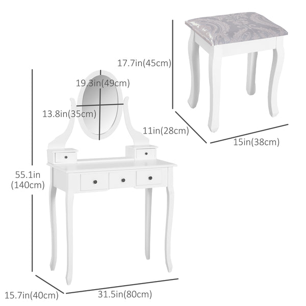 Wooden dressing table with 360° rotating mirror, 5 drawers and padded stool, white