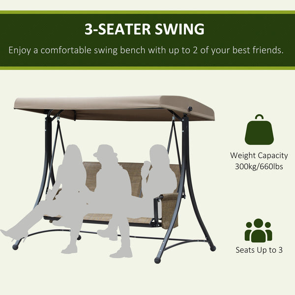 Swing chair for 3 people with high backrest and adjustable canopy, brown