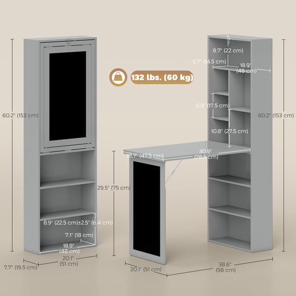 Wall-mounted, foldable, and convertible computer desk with blackboard, grey