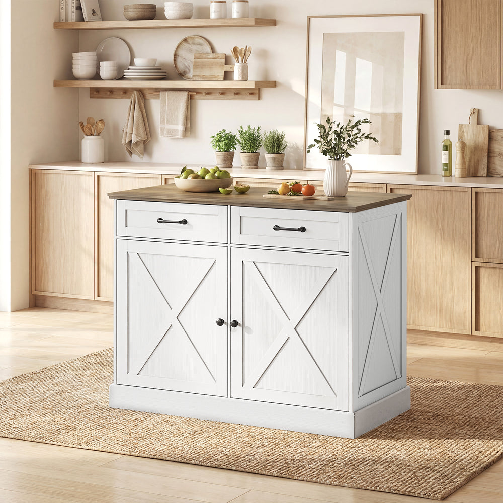Kitchen Island with Seating, with 2 Drawers and 2 Adjustable Shelves for Dining Room, White