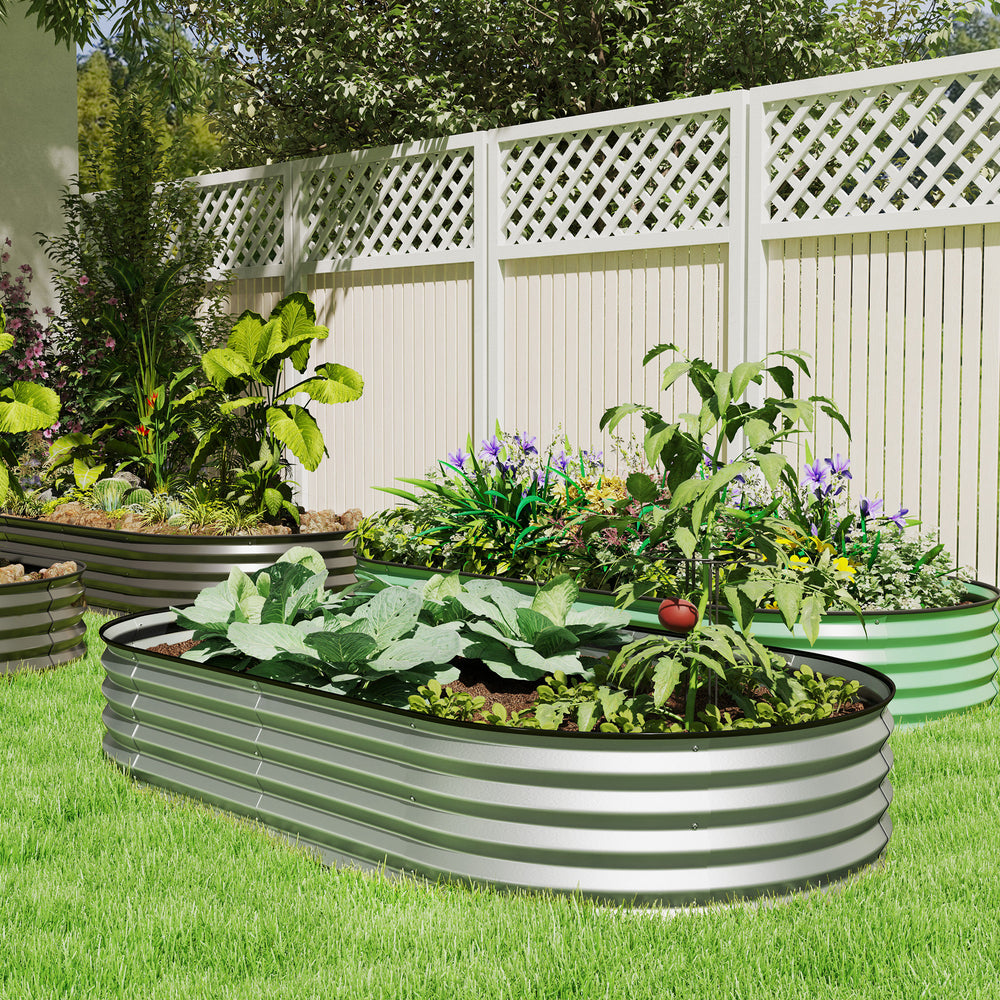 Galvanized steel raised outdoor planter with metal trellis, silver color.