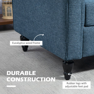 Vintage upholstered 2-seater sofa, rolled armrests, rubberwood legs, dark blue