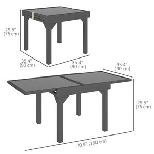 Extendable outdoor table with tempered glass top and metal frame