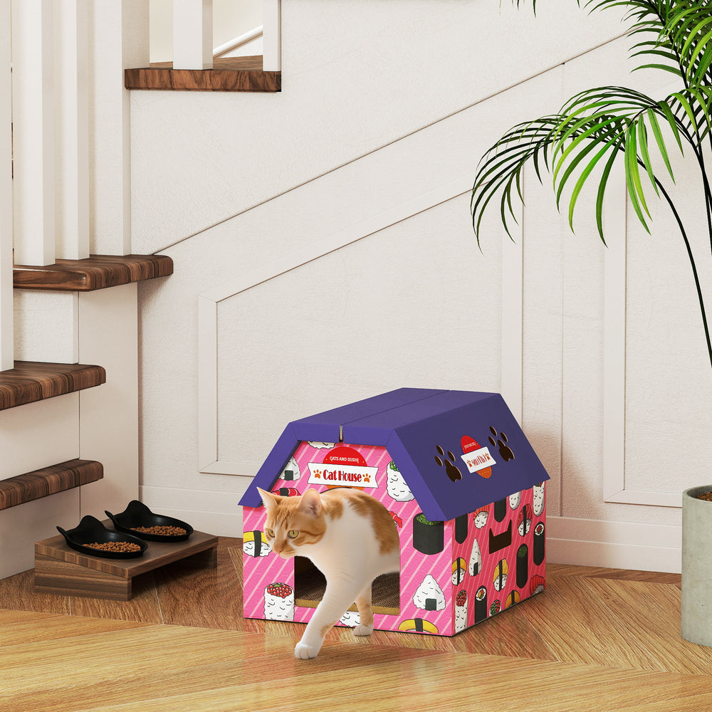 Cat house with scratching post, pink