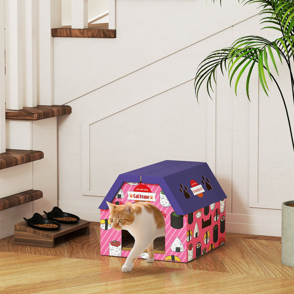 Cat house with scratching post, pink