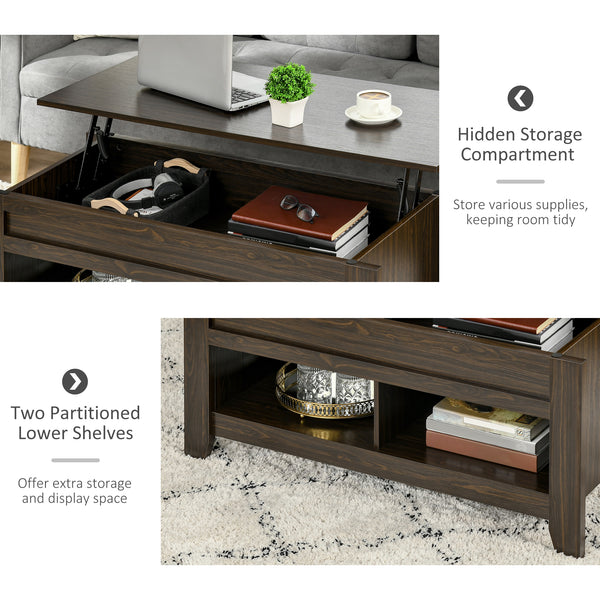 Lift-top coffee table with hidden storage and open shelves, dark walnut