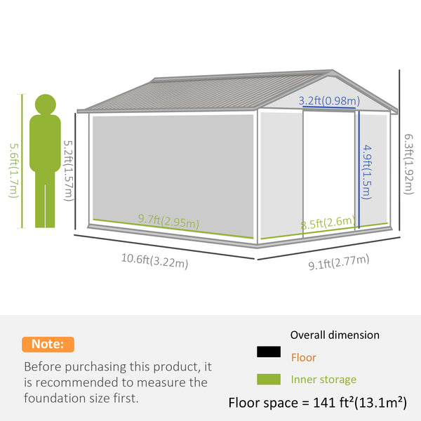 9' x 10.6' Garden Shed with Foundation Kit, Metal with Double Doors, Brown