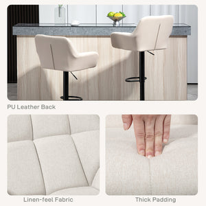 Set of 2 adjustable bar stools with footrests and armrests, cream white