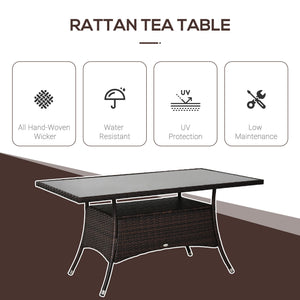 Rattan dining table with glass top and storage shelf, brown