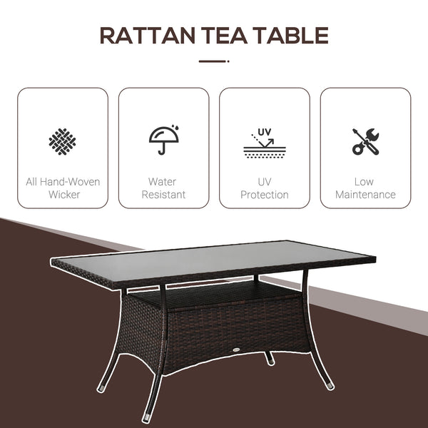 Rattan dining table with glass top and storage shelf, brown