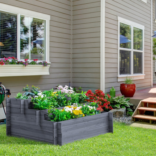 Three-tier raised wooden planter, grey